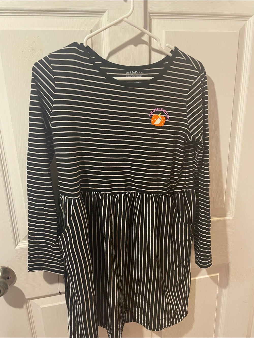 Cat & Jack Black and White Striped Long-Sleeve Girls Dress with Pumpkin Patch